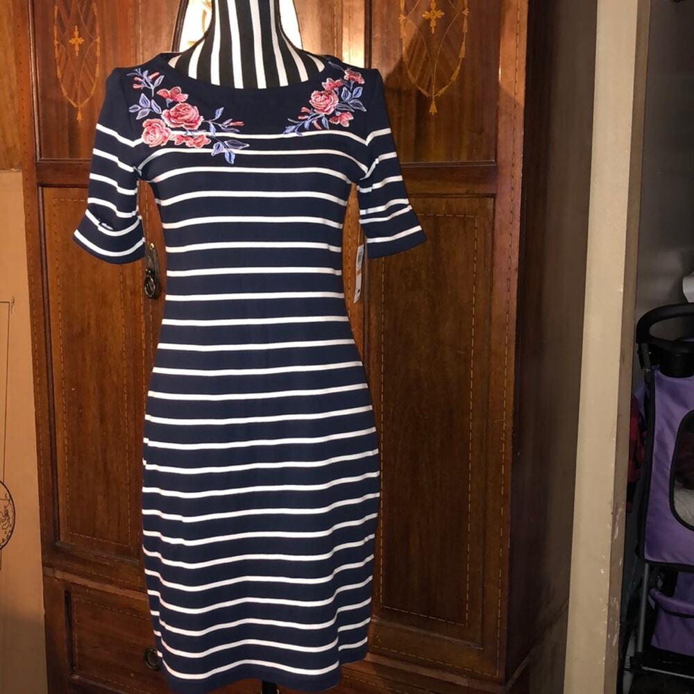 Karen Scott Petite Embroidered Striped Dress SP NWT